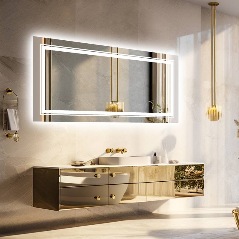 Rectangle Aluminum Frame Bathroom Mirror w/Led Backlit Light Anti-fog - 55.1x27.5 inch