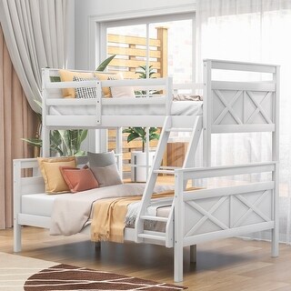 Twin over Full Size Bunk Bed with Ladder, Safety Guardrail for Kids' Bedroom, Convertible into 2 Beds, Solid Wood Slat Support