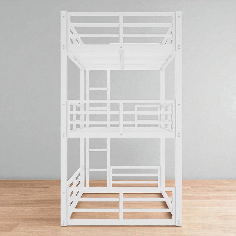 Metal Triple Bunk Bed Twin/Full/Twin XL/Queen with Safety Guardrails, Noise-Free Slats, Heavy Duty Frame