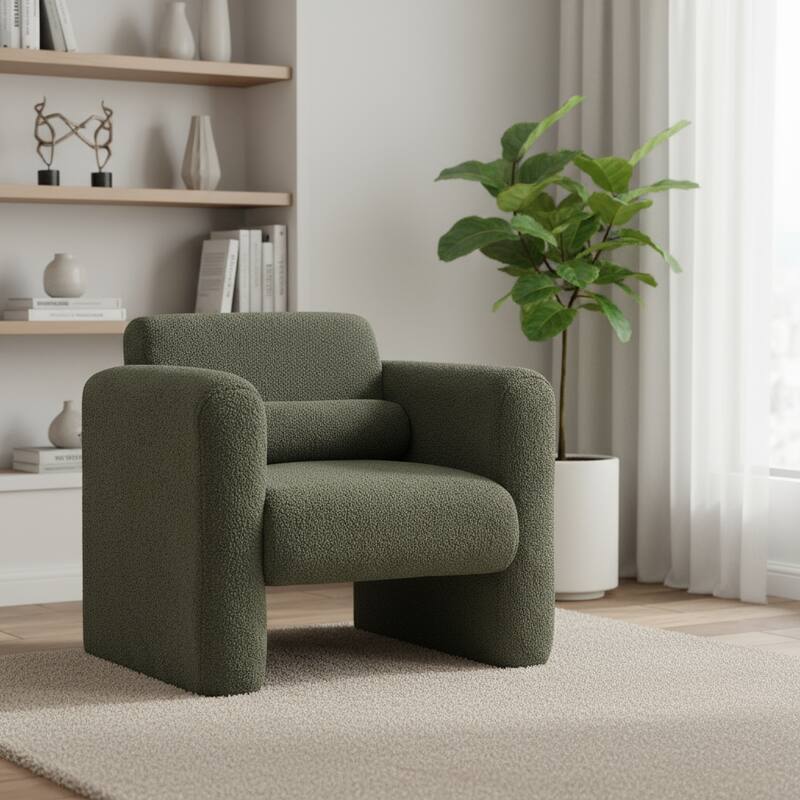 HomeRoots 31" Olive Green Boucle Upholstered Arm Chair And Toss Pillow - 30.70 in. x 30.90 in. x 33.50 in. - 30.70 in. x 30.90 in.  x 33.50 in.