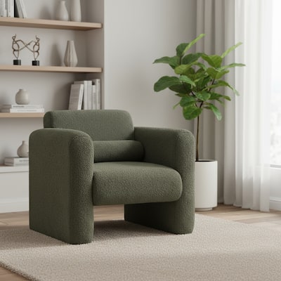 HomeRoots 31" Olive Green Boucle Upholstered Arm Chair And Toss Pillow - 30.70 in. x 30.90 in. x 33.50 in.
