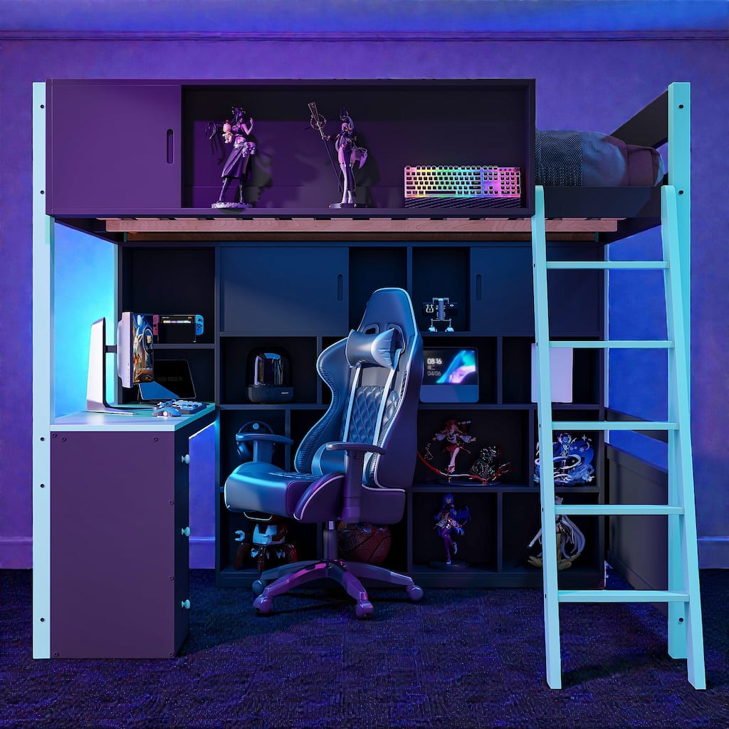 Full Size Gaming Loft Bed with Desk, LED Light, Storage Shelves and Drawers, Wood Loft Bed Frame for Teens Kids