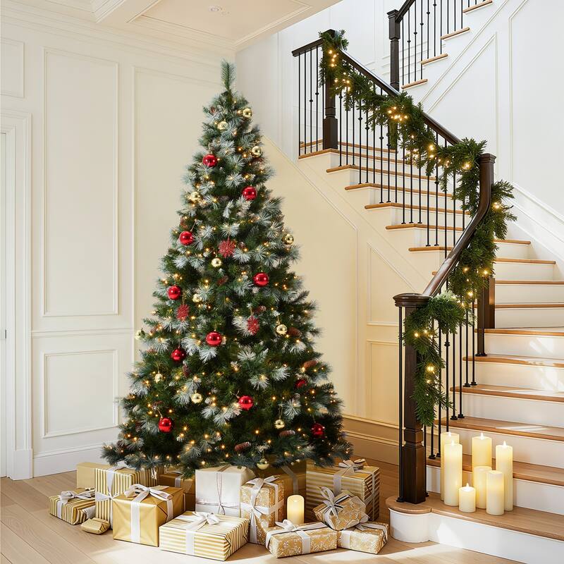 EROMMY 7.5ft Pre-lit Christmas Tree with 500 Lights, Snow-Flocked Artificial Tree with Pine Cones and Ornaments