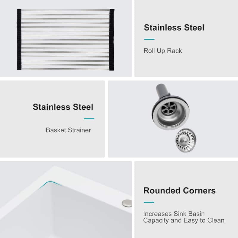 Quartz Kitchen Sink - 33" x 22" x 9.65" White granite composite Drop-in kitchen sink