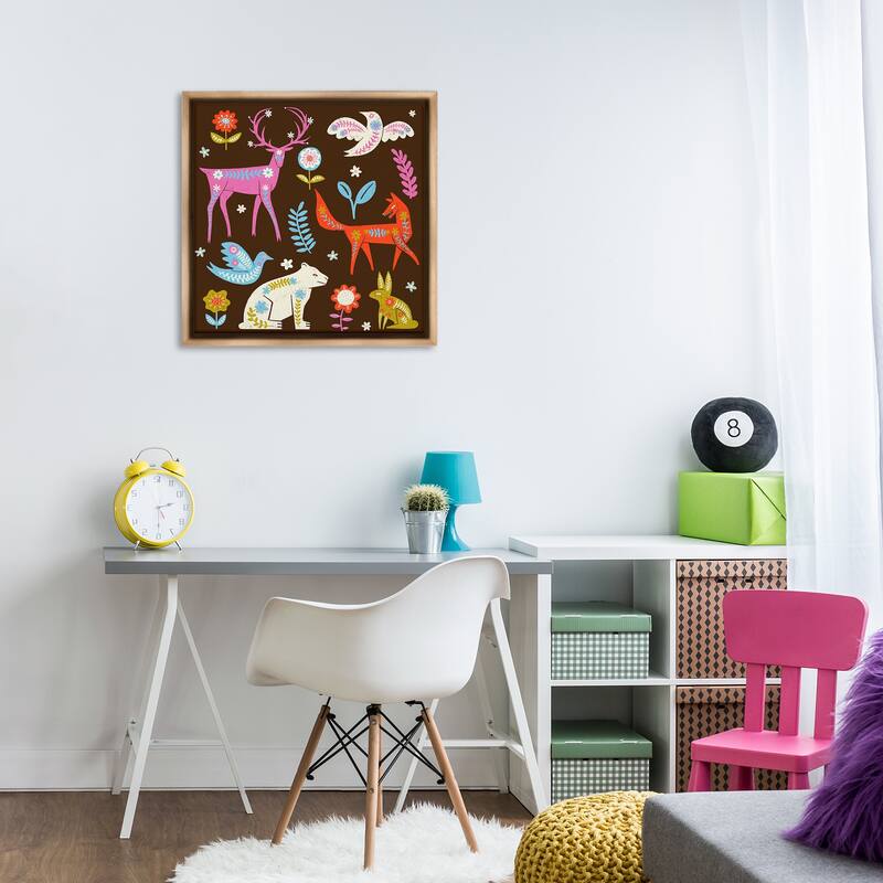 Stupell Forest Folk Animals with Florals Framed Floater Canvas Wall Art Design By Hannah Moren