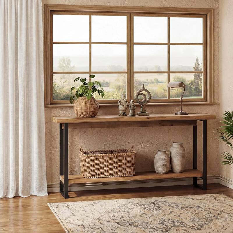 63 Inches Wood Console Table for Entryway, Farmhouse Long Sofa Table with Unique Shape for Foyer, Entrance, Living Room