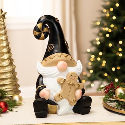 Gnome Holding Gingerbread Man Cookie Christmas Decoration - 13" - Black