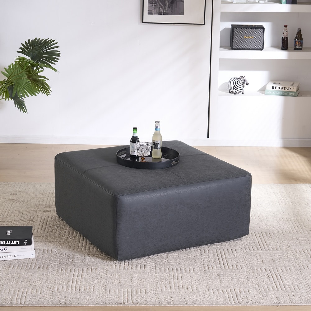 Oversized Square Ottoman Coffee Table, Faux Leather Couch Ottoman Large Footstool for Living Room