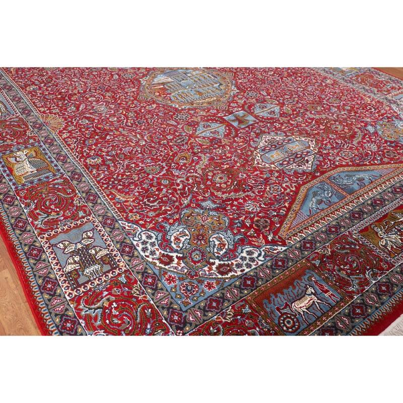 Pictorial Red Floral Kashan Turkish Area Rug Machine-Made Carpet - 9'8" x 12'11"