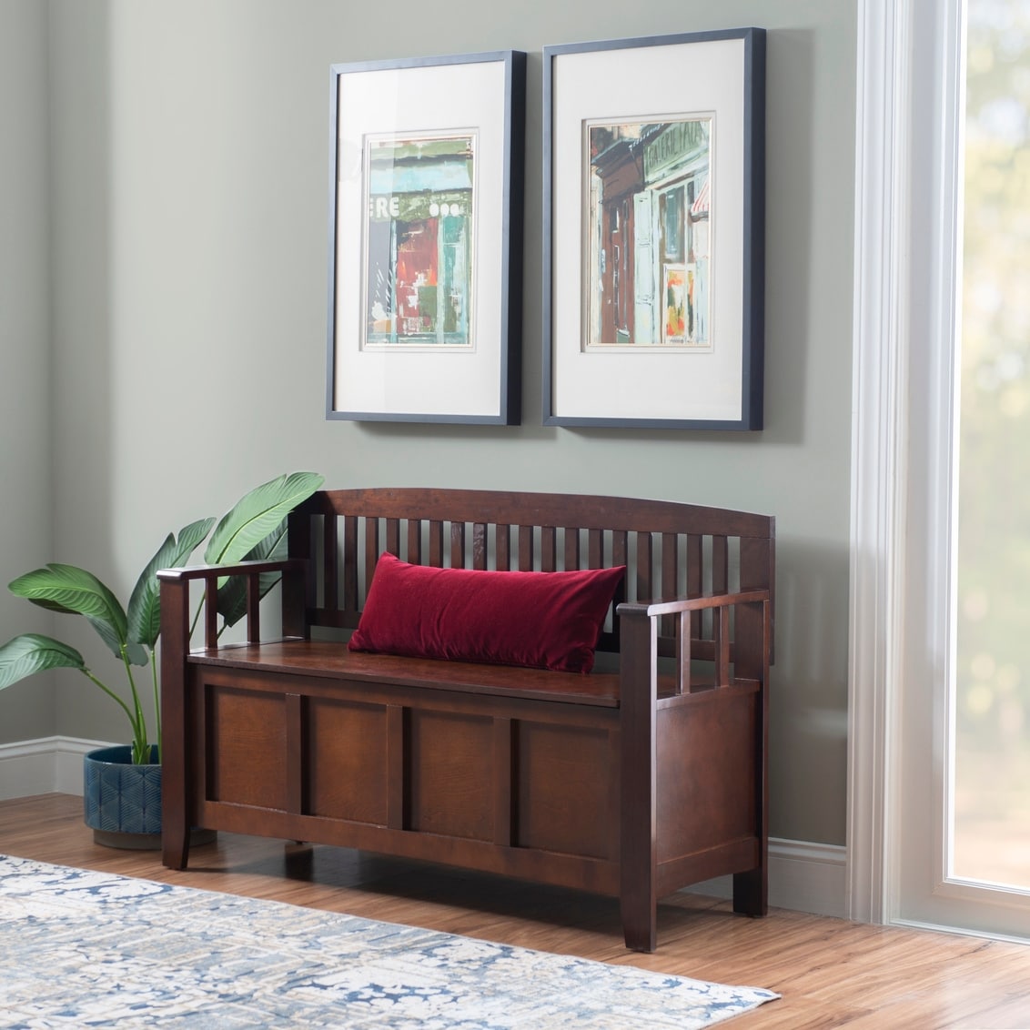 Linon Migdalia Flip Top Slat Back Storage Entryway Bench
