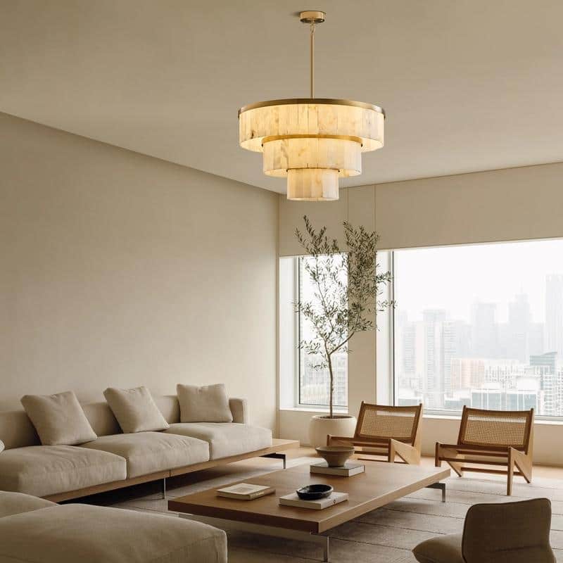 Elegant layered alabaster chandelier with natural stone panels