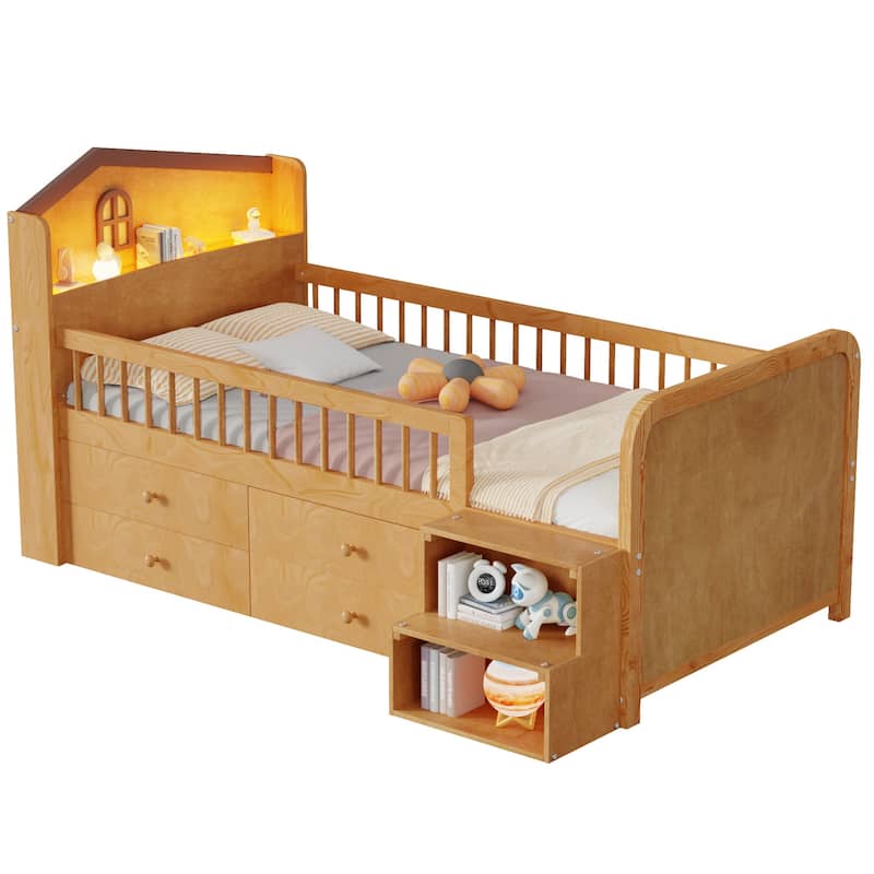 GDF Studio - Brixton Twin Low Loft Bed with LED Light, Storage Drawers, and House-Shaped Headboard