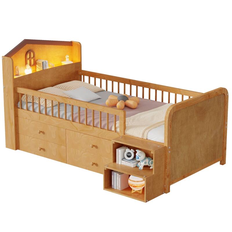 Wooden Twin Size Low Loft Bed with House Shape Headboard Built-in LED Lights, Kids Storage Bed with Drawers and Storage Stairs