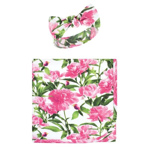 slide 1 of 1, Touched by Nature Baby Girl Organic Cotton Swaddle Blanket and Headband or Cap, Peonies, One Size - Peonies - One Size One Size - Peonies