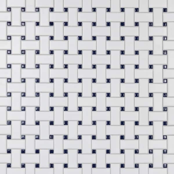 slide 2 of 8, Merola Tile Metro Basketweave White w/ Glossy Cobalt Dot 11-3/4" x 11-3/4" Porcelain Mosaic Floor and Wall Tile Sample swatch