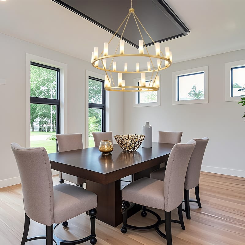 24 - Light 2 - Tier Gold Wagon Wheel Chandelier, 48.6" Wide, Frosted Glass Shades - Brushed Brass