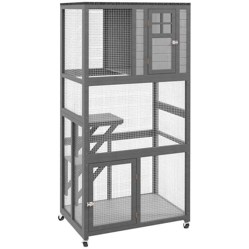 PawHut 74" Wooden Catio Outdoor Cat House Weatherproof & Wheeled, Outside Cat Enclosure with High Weight Capacity - Light Gray - Light Gray