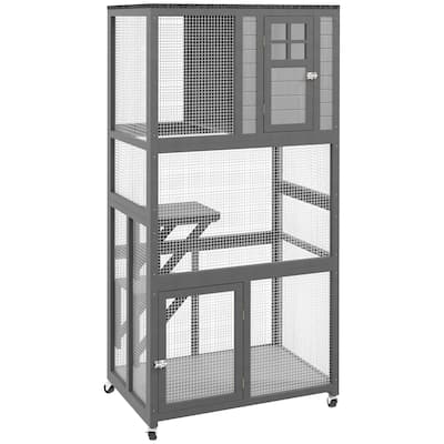 PawHut 74" Wooden Catio Outdoor Cat House Weatherproof & Wheeled, Outside Cat Enclosure with High Weight Capacity - Light Gray