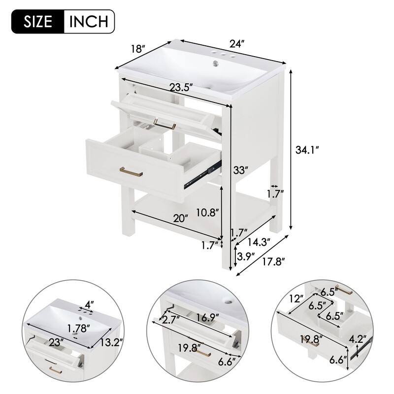 24-Inch Bathroom Vanity Set with Integrated Sink – Modern Storage Cabinet Featuring 2 Drawers - 18.00in. W X24.00in.DX34.10in. H