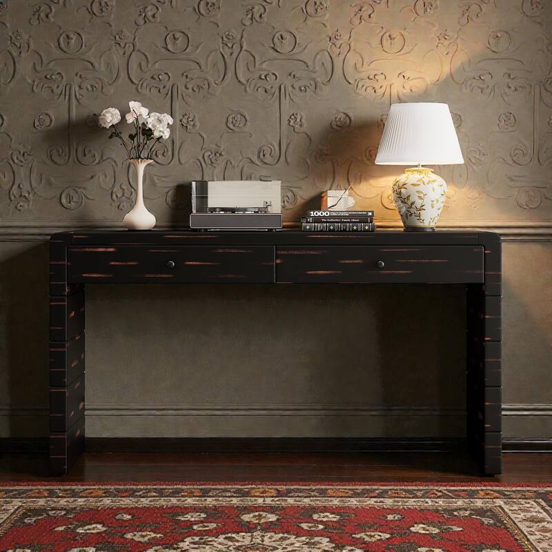 Curved Farmhouse Console Table with Storage, Wooden Entryway Table with 2 Drawers for Hallway