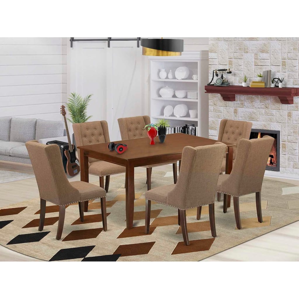 HomeStock 7-Piece Rectangle Mahogany Finish Solid Wood Top Dining Table with 6 Chairs