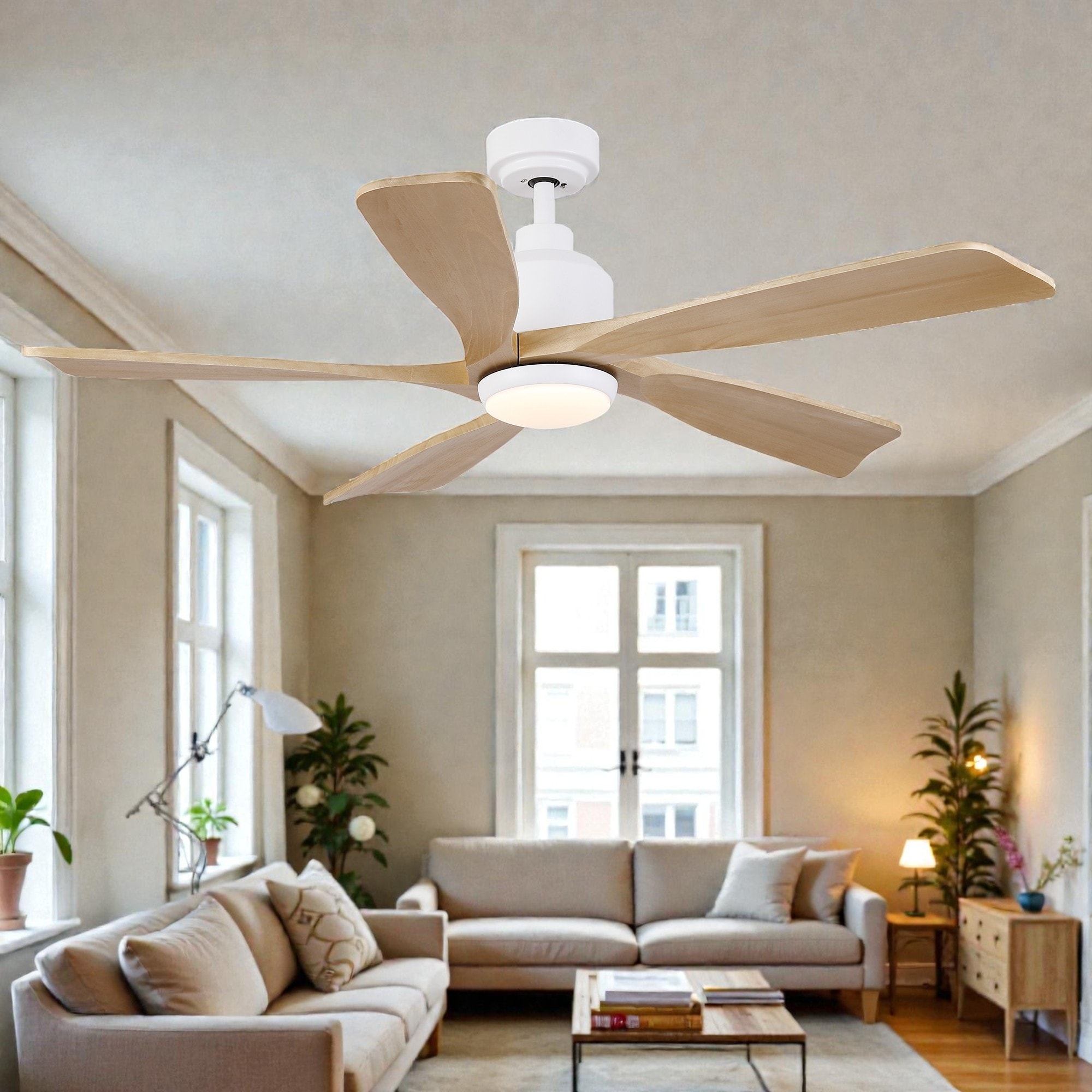 52 Inch Modern Farmhouse Solid Wood Ceiling Fan with Light, Quiet Reversible DC Motor, Remote, 6 Speeds