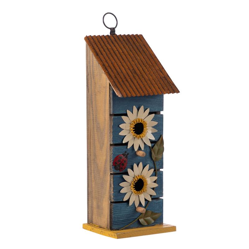Glitzhome 15"H Washed Blue 2-Tiered Solid Wood and Metal Daisy Decorative Outdoor Garden Birdhouse