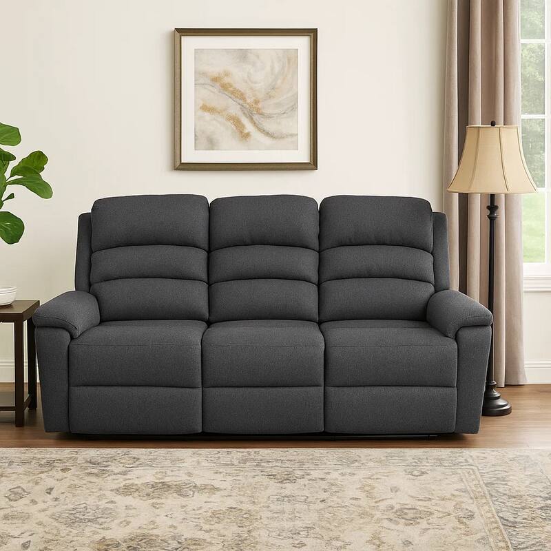 Fery 74 Inch Manual Recliner Sofa, 3 Seater, Gray Burlap Upholstery, Wood