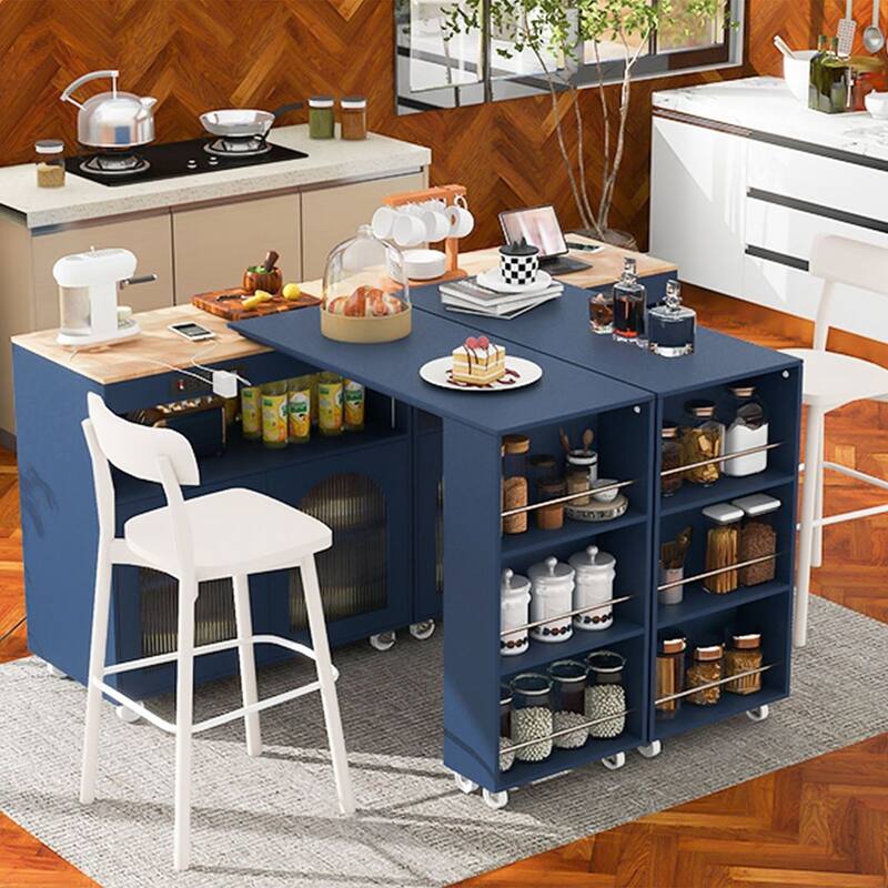 Kitchen Island Cart with Extended Table and Power Outlets