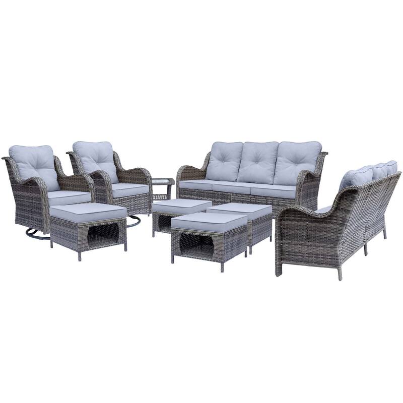 9 Piece Outdoor Wicker Patio Conversation Swivel Chairs Furniture Sets