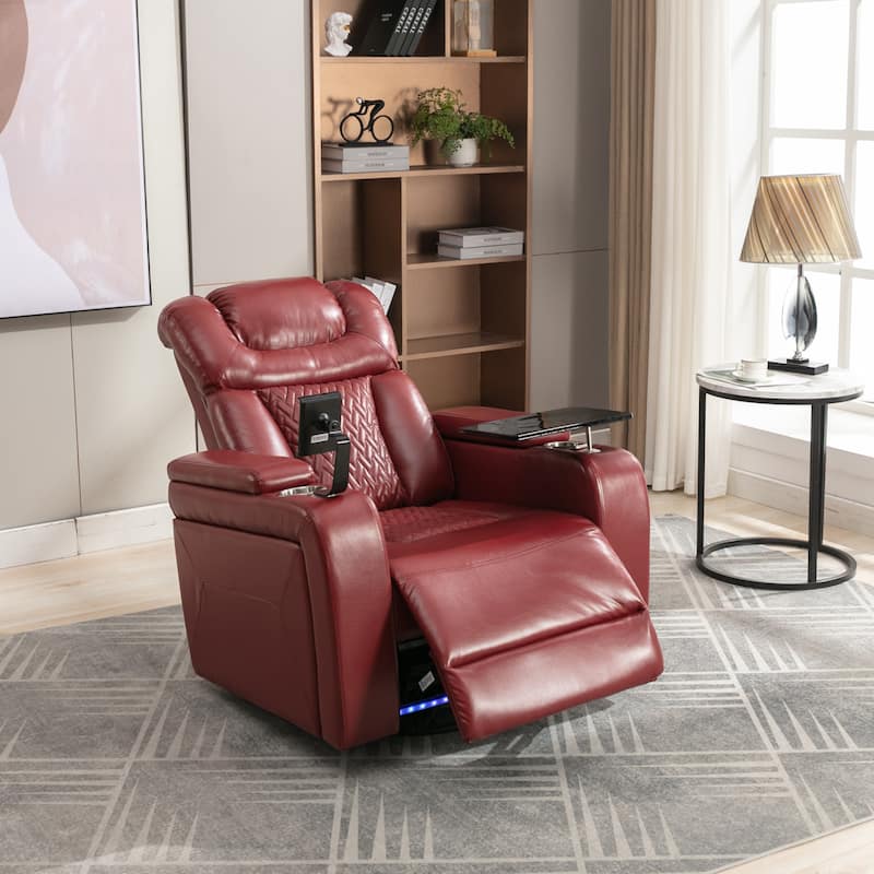 Swivel PU Recliner Chair with Side Control, Office Chair with Built-In USB Port, Lounge Chair with Removable Tray Table