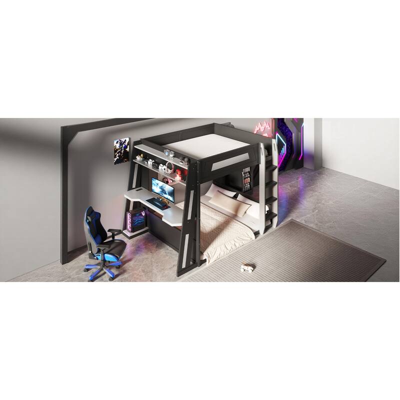 Roomfitters Queen Over Queen Gaming Bunk Bed with Desk, Storage Shelves and LED