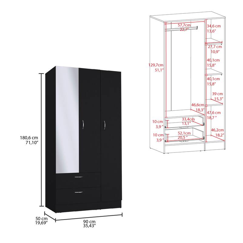 19.7" Modern Mirrored Armoire with Two Drawers, Four Shelves and Hanging Rod