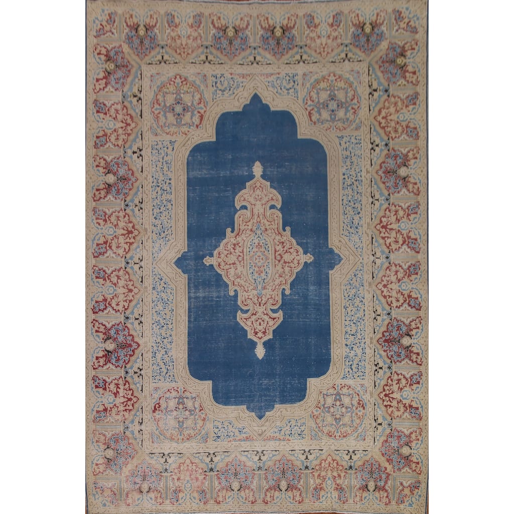 Blue Distressed Kerman Persian Vintage Area Rug Handmade Wool Carpet - 9'3" x 11'10"