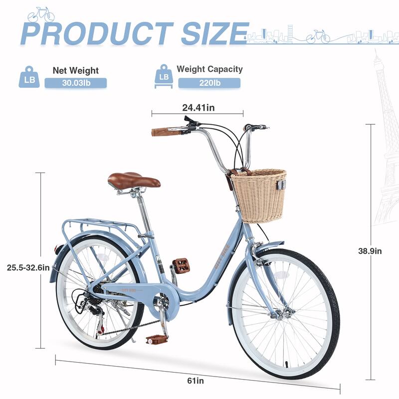 7 Speed Comfort City Bike, 22 Inch Road Cycling Bicycle with Leather Saddle and Basket, Steel Frame for Kids and Teens