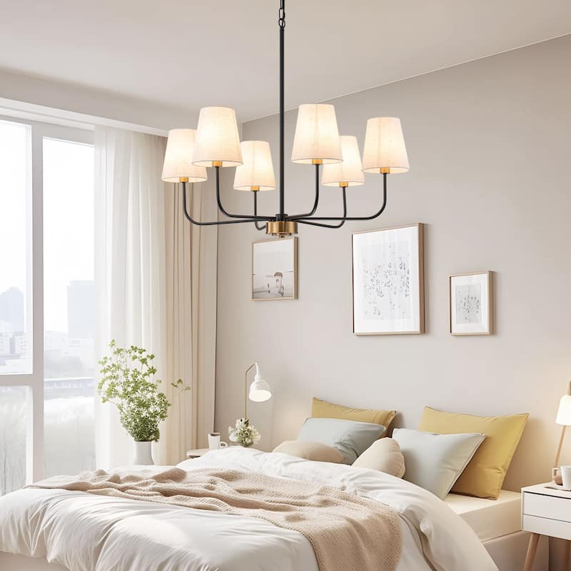 6-Light Metal Chandelier with White Linen Shades