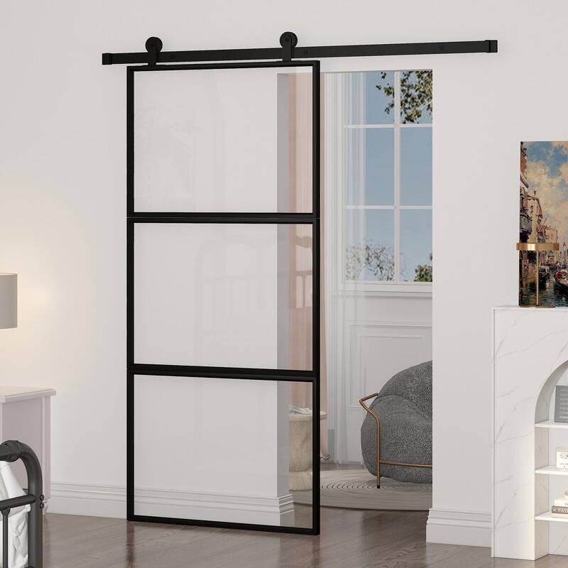 Mixoy Glass Sliding Barn Door and Hardware Included- Clear Tempered Glass,Aluminum Frame,Pre-Drilled,Soft Close