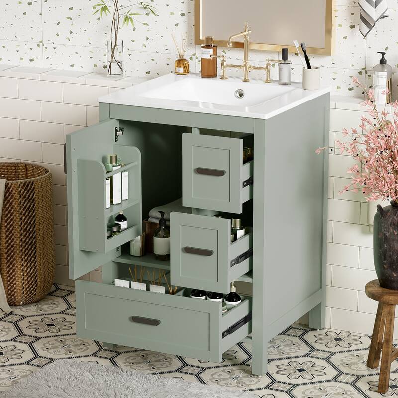 Modern 24-inch Bathroom Vanity with Ceramic Sink, Soft-Close Door, Double-Layer Door Shelf, and 3 Drawers - Green