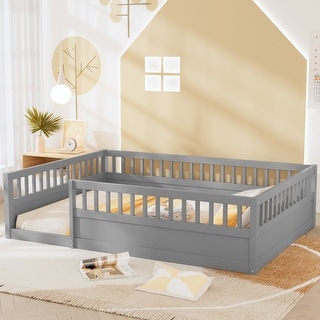 Grey Full Size Pine Wood Floor Bed Frame with Fence for Kids' Bedrooms