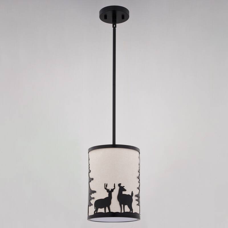 Acadia Bronze Rustic Mini Pendant Ceiling Light White Linen Shade Deer and Tree - 7.5-in W x 23-in H x 7.5-in D