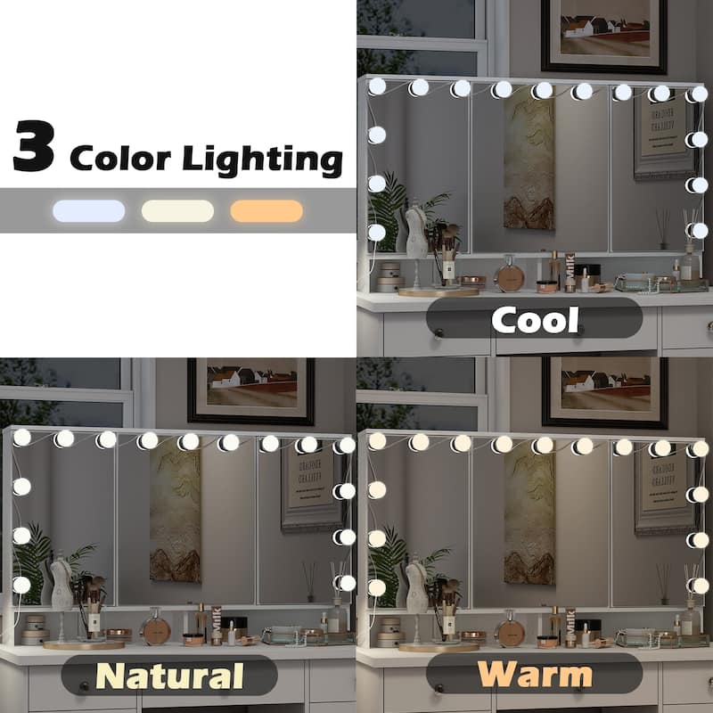 White Makeup Vanity - LED Mirror, USB-Powered Lights, Dresser Table