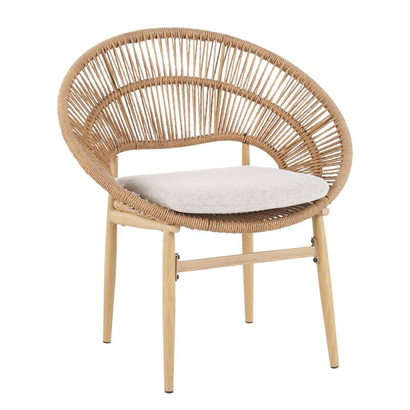 Roomfitters Cyril Outdoor Wicker Papasan Dining Chairs with Teak Finish Legs, Light Brown and Beige