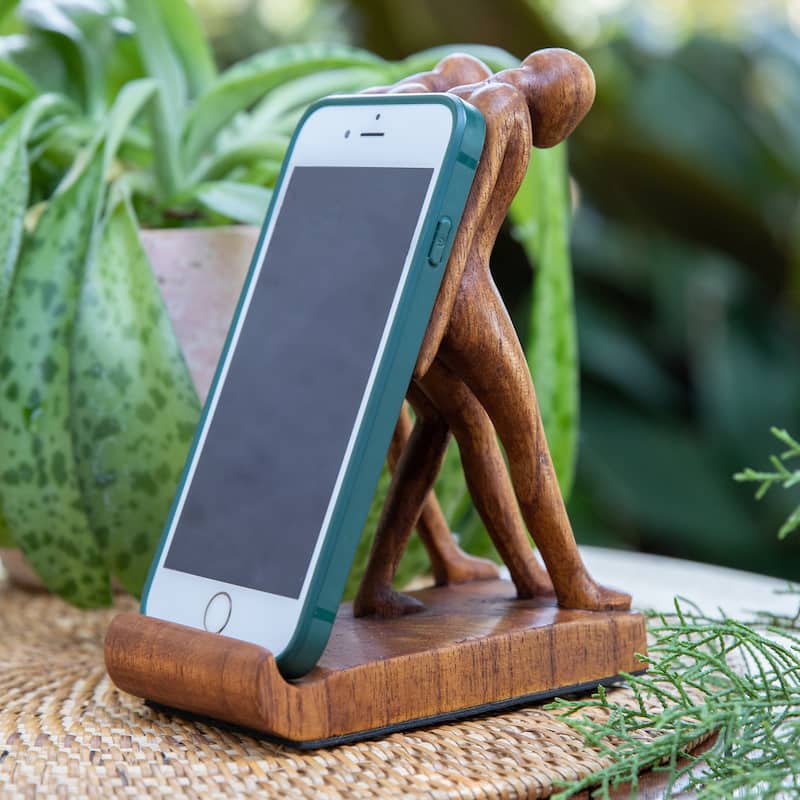 Novica Handmade Strong Brotherhood Wood Phone Holder