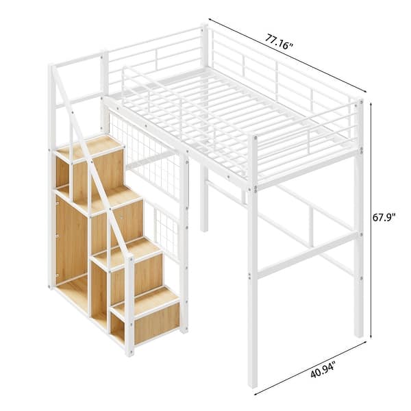 Twin Loft Bed with Metal Frame Storage Stairs and Built In Wardrobe Space Saving Elevated Bed