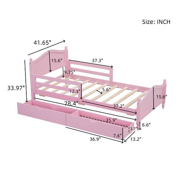 Kid Bed Frame Twin Size Platform Bed with Guardrails and Two Drawers