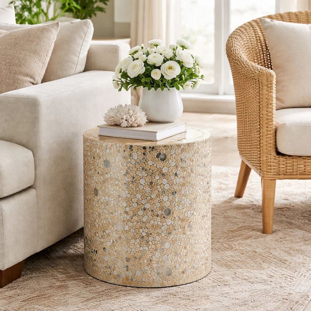 16 Inch Cylindrical Luxury Accent Table Decorative Stool, Blue, Gold, White