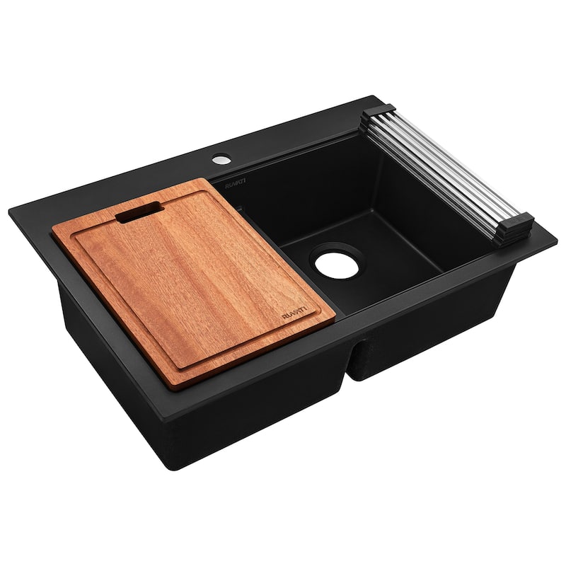 Ruvati 33-inch Drop-in Topmount Workstation 50/50 Double Bowl Granite Composite Quartz Kitchen Sink - Midnight Black - RVG1343BK