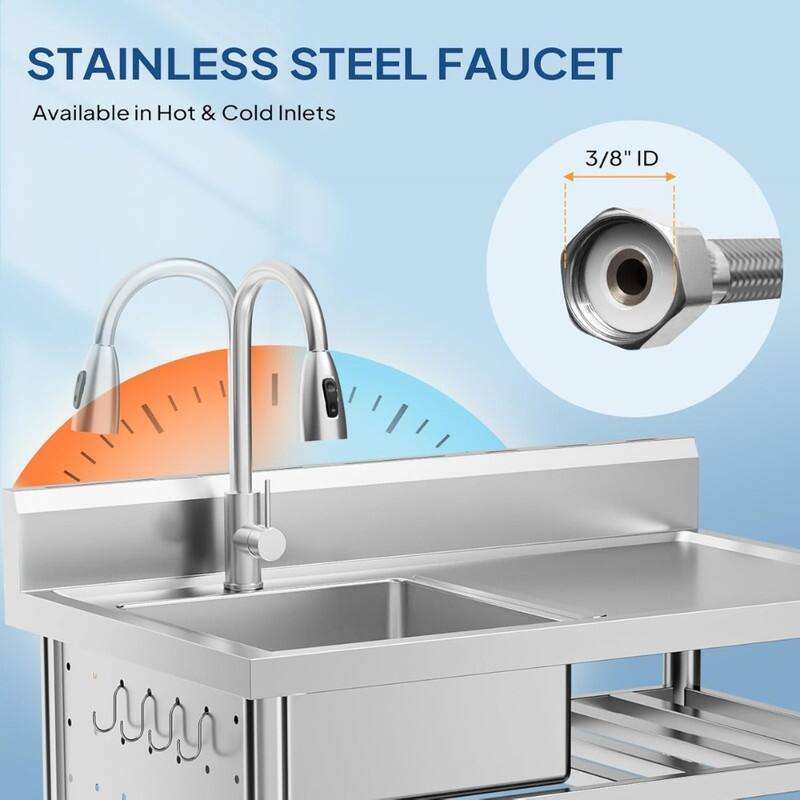 39 In. Freestanding Stainless Steel Single Bowl Kitchen Sink In Silver With Shelves And Hanging Hooks - N/A