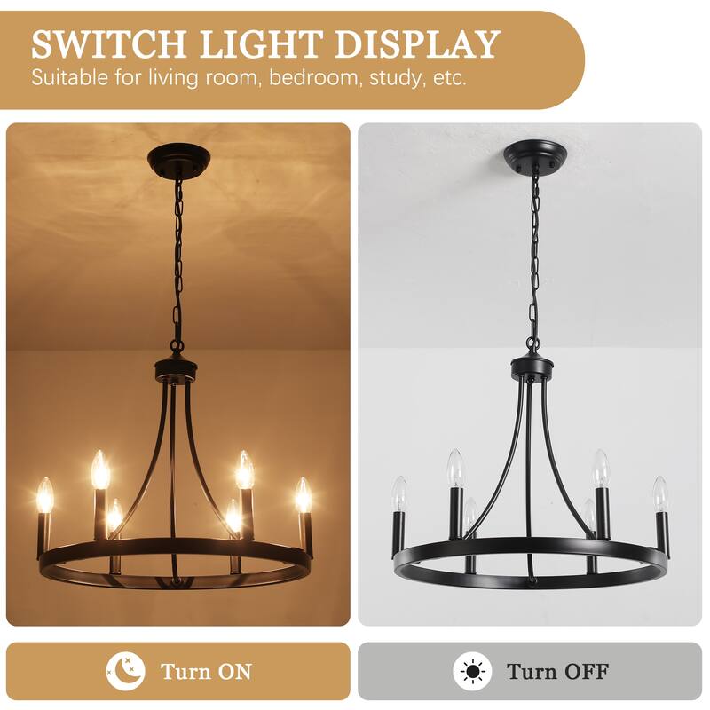 6-Light Farmhouse Candlestick Circle Hanging Wagon Wheel Chandelier Lighting for Kitchen Island