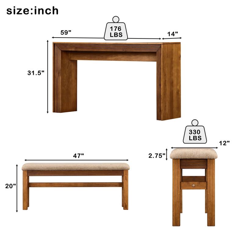 Fluted Counter Height Bar Table Set for Two with Upholstered Bar Stool and Solid Wood Legs
